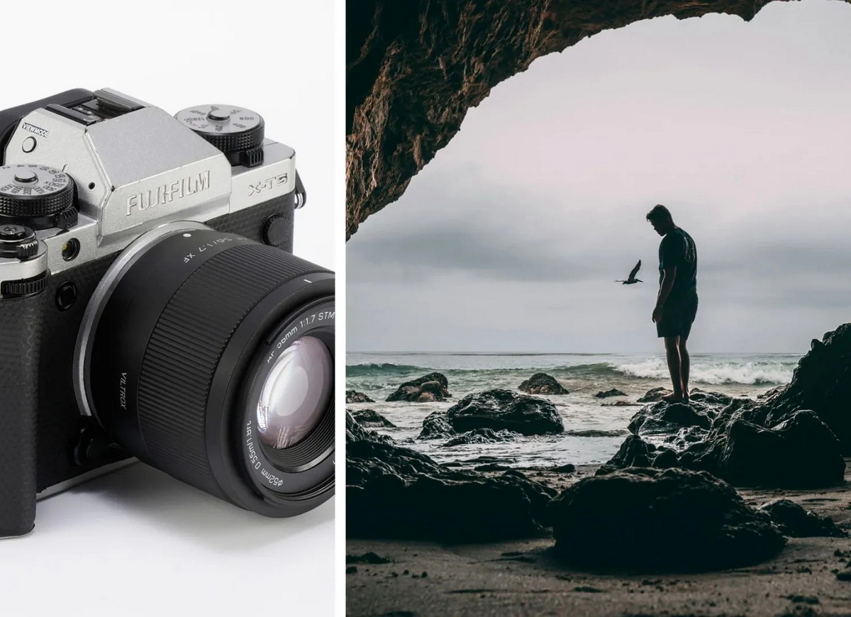 Колаж із зображенням об'єктива Viltrox AF 56mm f/1.7 Air на камері Fujifilm X-T5 та прикладу портретної зйомки